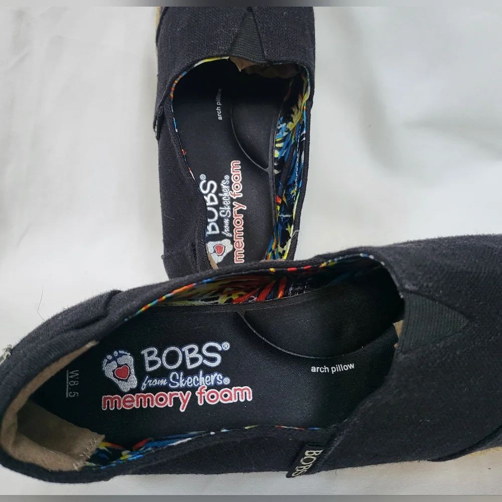 Bobs Skechers Womens Black Highlights‎ Memory Foam Slip On Espadrille Wedge 8.5M